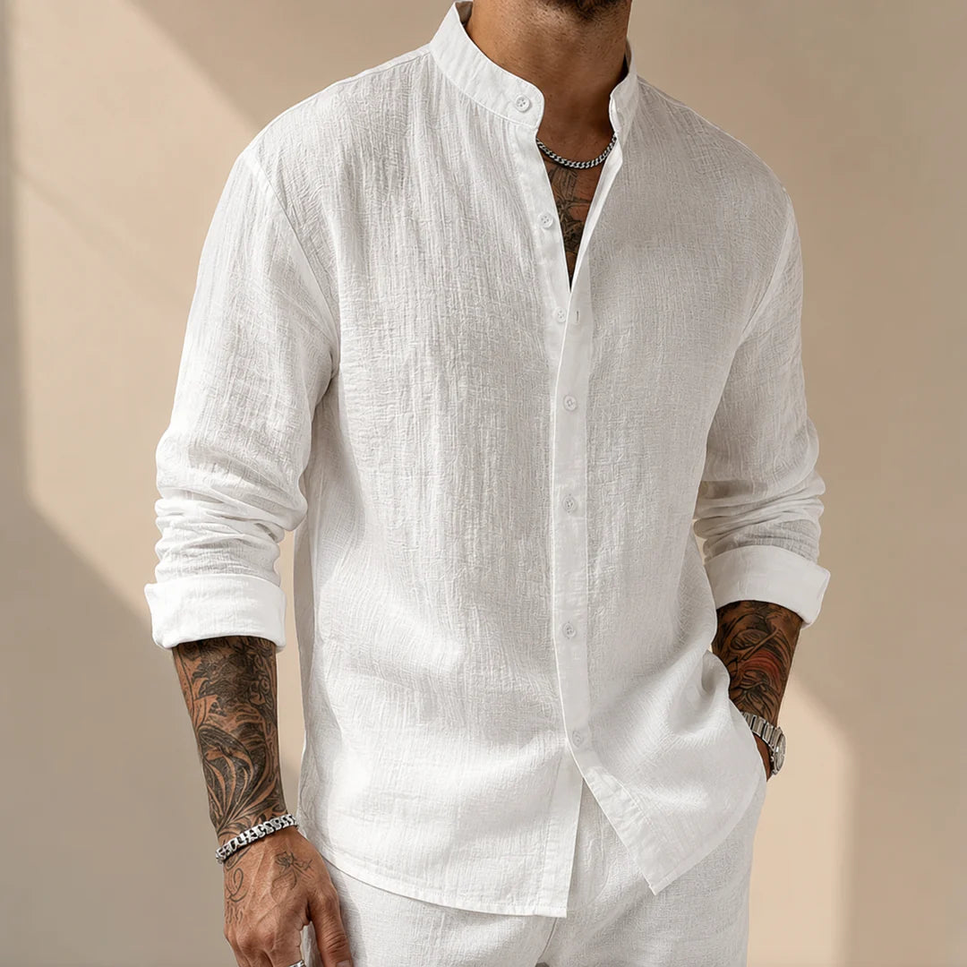 Kensington Band-Collar Linen Shirt