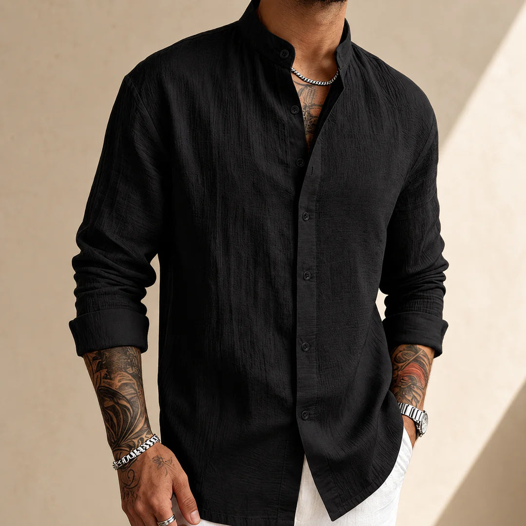 Kensington Band-Collar Linen Shirt