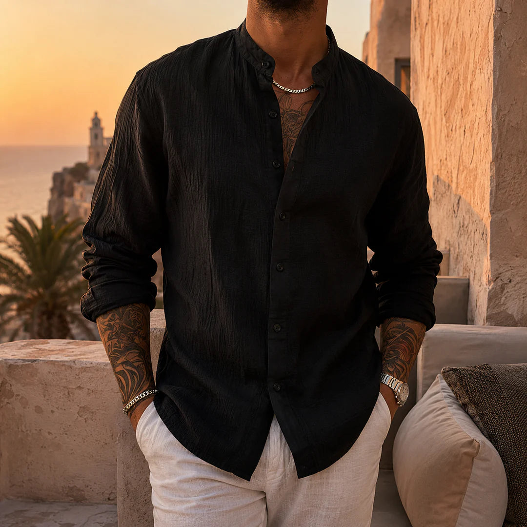 Kensington Band-Collar Linen Shirt