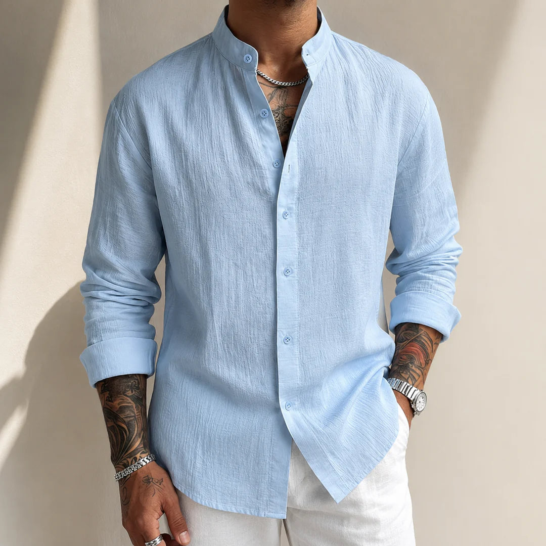 Kensington Band-Collar Linen Shirt