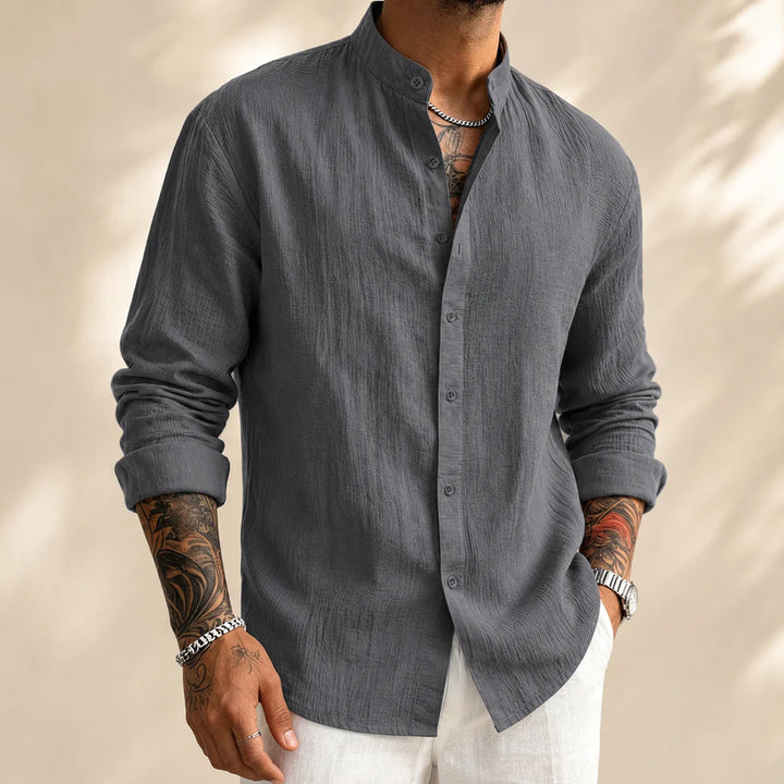 Kensington Band-Collar Linen Shirt