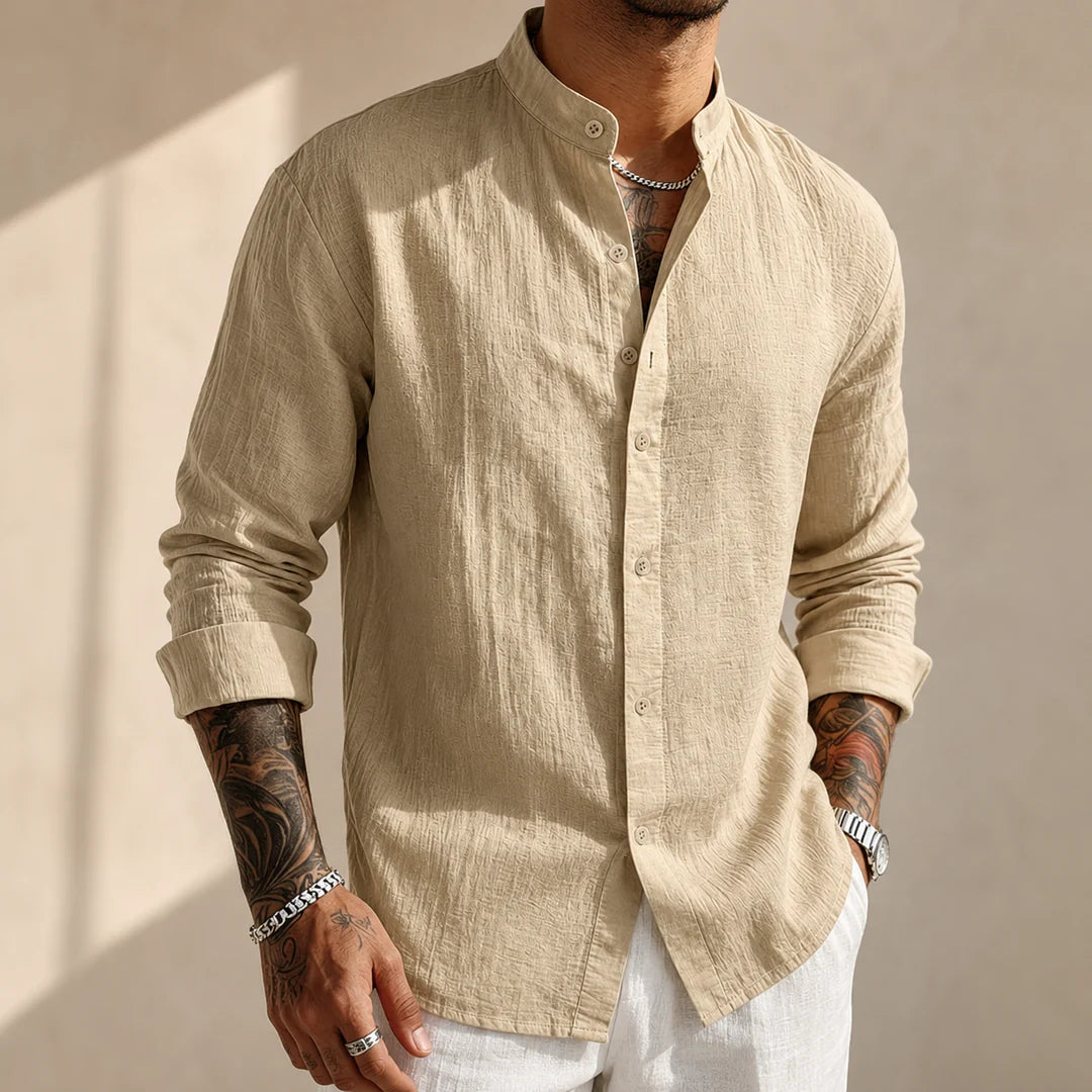 Kensington Band-Collar Linen Shirt