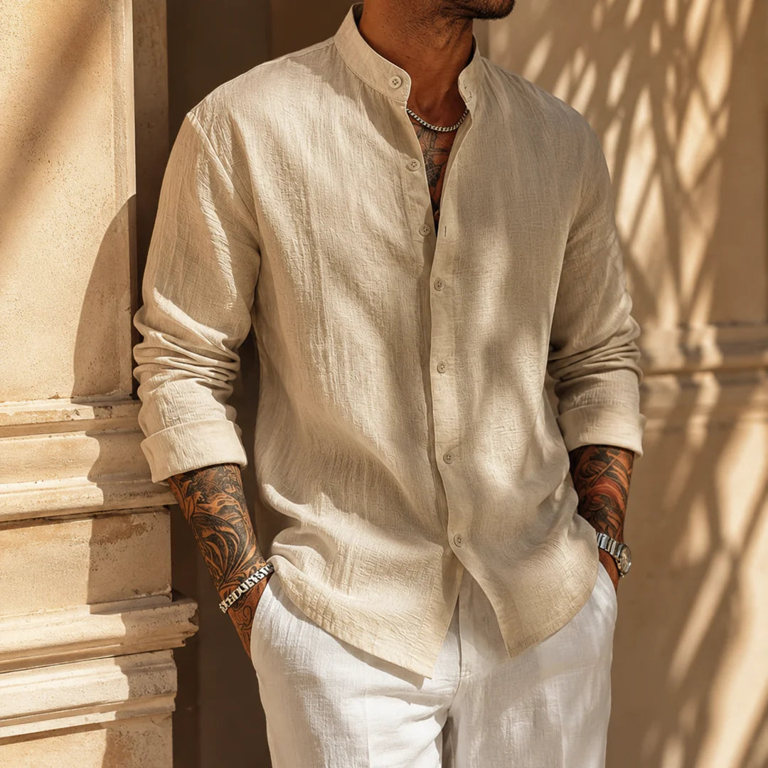 Kensington Band-Collar Linen Shirt