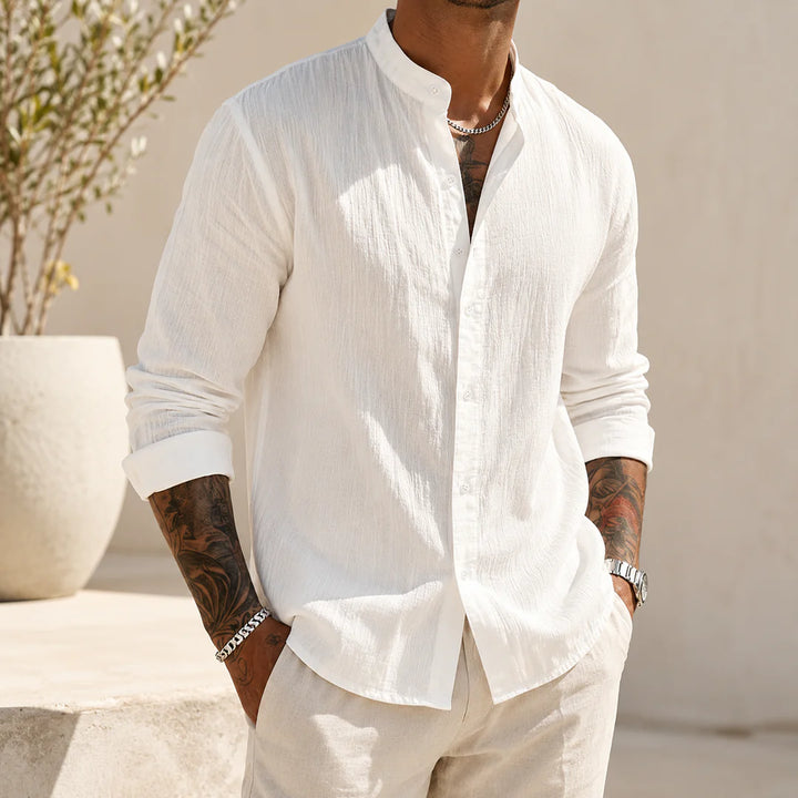Kensington Band-Collar Linen Shirt